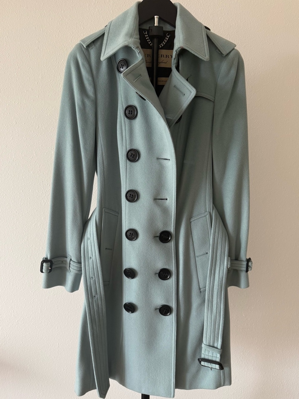 Burberry Mint Green Double-Breasted Trench Coat 100% cashmere